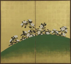 Camelias, Edo-perioden (blæk, farve og guld på papir)